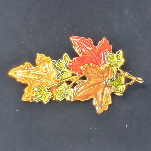 Vintage KC Green Orange Harvest Branch Maple Leaves Enamel 3" Signed - Picture 1 of 4